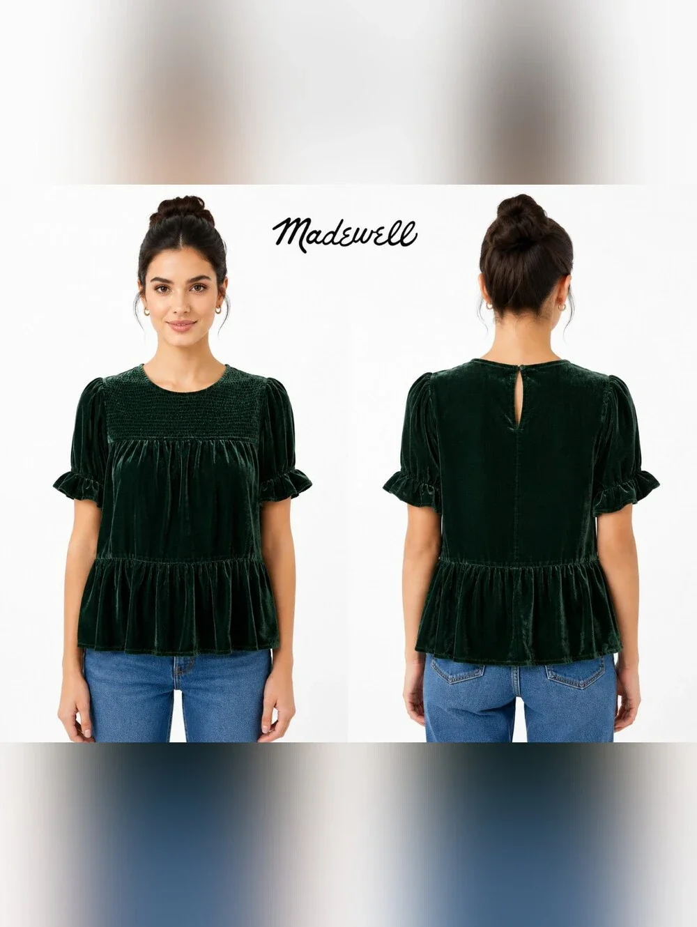 Madewell Deep Forest Green Velvet Peplum Blouse Smocked Puff Sleeve M